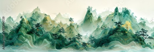 Greenish Mountain Concept: Tree-Shaped Sculpture Style, Focus Stacking, Chinese Iconography, Yellow & Aquamarine, Translucent Layers, Aerial View photo