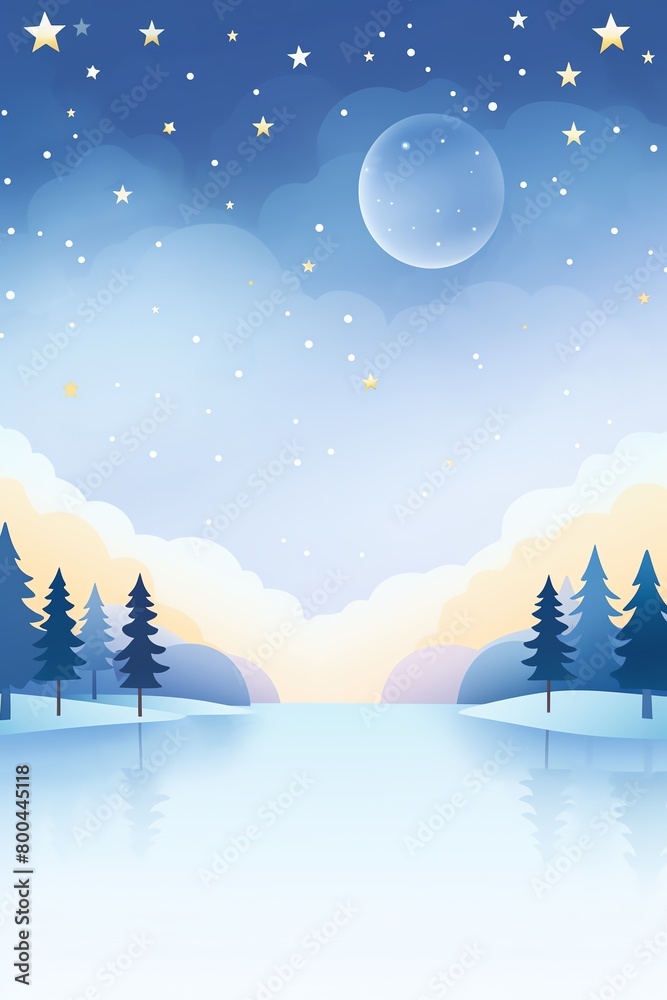 A beautiful winter landscape with a frozen lake, snow-covered trees, and a full moon. The sky is a deep blue and the stars are twinkling brightly. The scene is peaceful and serene.