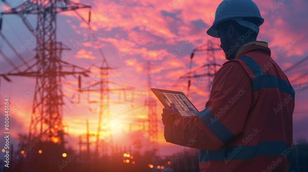 Engineer Inspecting Power Grid at Sunset Engineer Inspecting Power Grid at Sunset