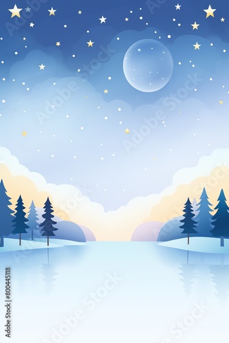 A beautiful winter landscape with a frozen lake, snow-covered trees, and a full moon. The sky is a deep blue and the stars are twinkling brightly. The scene is peaceful and serene.