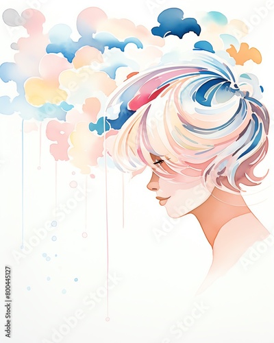 An ethereal portrait of a woman with short hair, her head surrounded by a colorful cloud-like formation