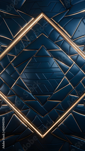 A radiant golden frame centered on a dark blue geometric patterned background.