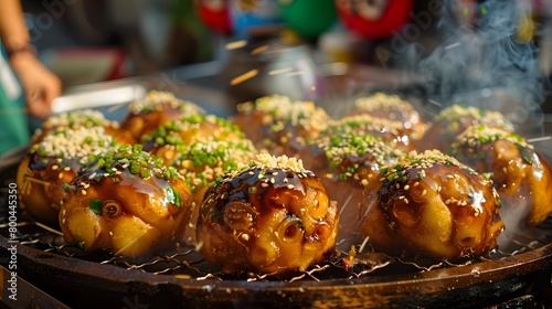 Sizzling takoyaki balls garnished with toppings photo