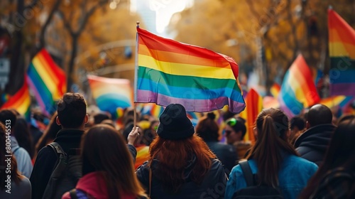 Waving LGBT flag against background of crowd