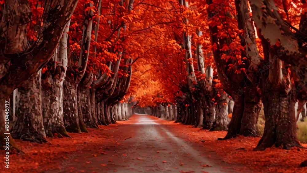 Serene Fall Drive Along a Tree-Lined Road, A beautiful alley overlooked by old poplar trees bathed in oranges and reds Serene Fall Drive Along a Tree-Lined Road, A beautiful alley overlooked by old poplar trees bathed in oranges and reds