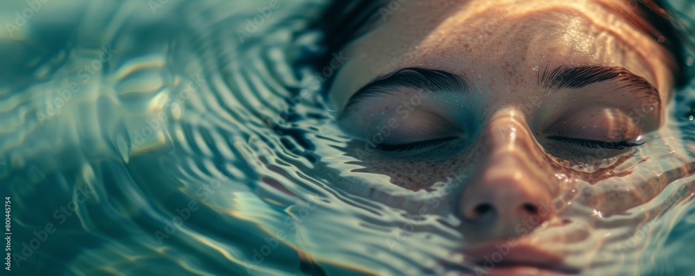 Close-up of a woman's face submerged in water