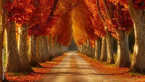 A picturesque road with trees adorned in vibrant orange leaves stretching as far as the eye can see, A beautiful alley overlooked by old poplar trees bathed in oranges and reds photo
