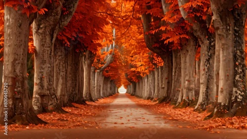 A tranquil dirt road adorned with striking orange leaves, nestled amidst a picturesque forest of trees, A beautiful alley overlooked by old poplar trees bathed in oranges and reds photo