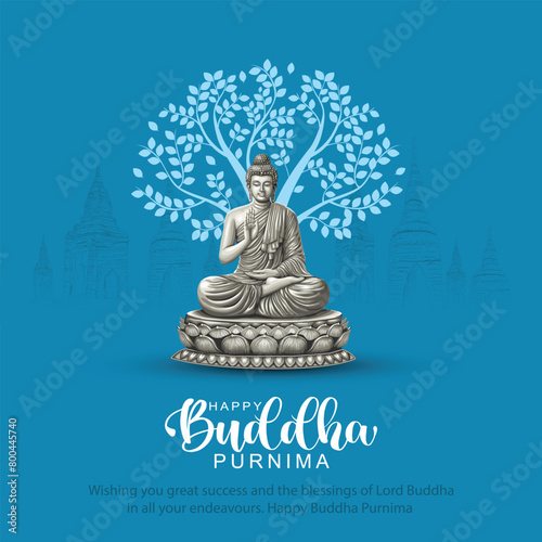 Happy Vesak Day, Buddha Purnima wishes greetings with buddha and lotus illustration. Can be used for poster, banner, logo, background, greetings, print design. abstract vector illustration design. © Arun