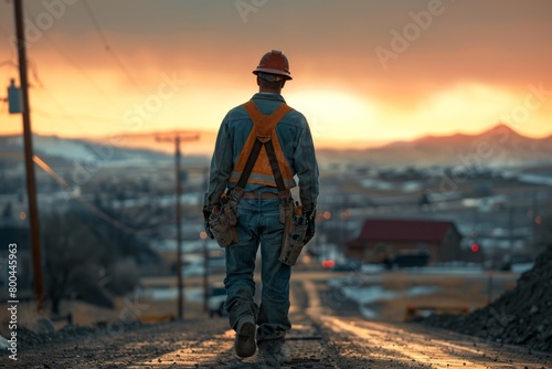 A man in a hard hat walks down a road