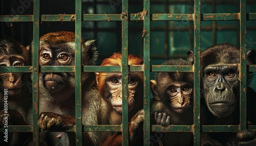 A group of chimpanzees locked in a metal cage in a laboratory photo