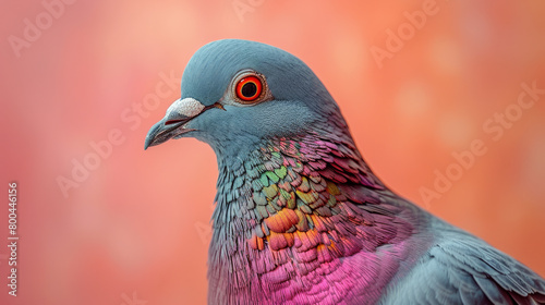 Close-up portrait of a colorful pigeon against a soft orange background