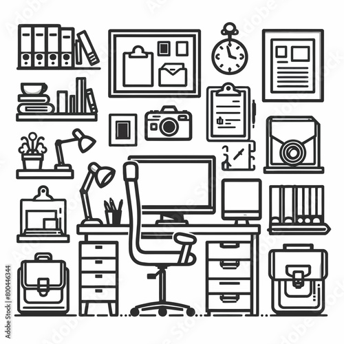 outline office set icon silhouette vector illustration white background. office, workspace, coworking. Linear icon collection