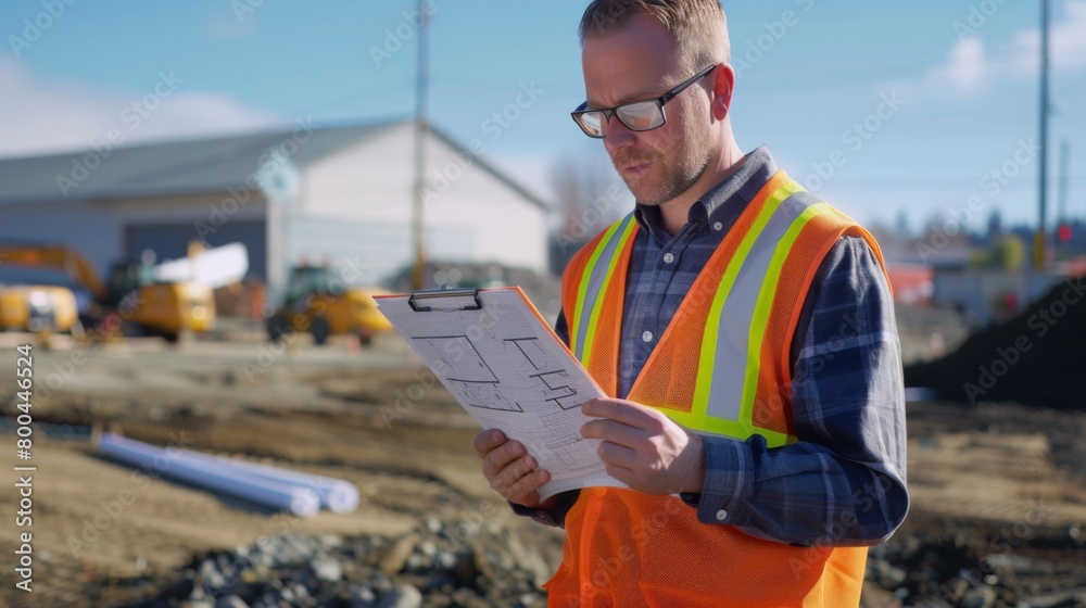 Engineer Reviewing Plans at Construction Site Engineer Reviewing Plans at Construction Site