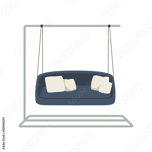 Vector illustration with a modern hanging large blue sofa with cushions on a white background.