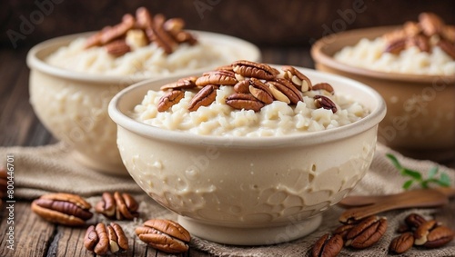 Creamy Rice Pudding with Pecans and Almonds in Rustic Bowls.
