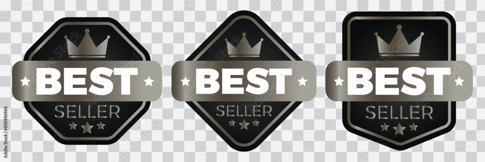 Best seller silver labels, award seal, medal badges. Company or brand product tags or stamps luxury design isolated set. Vector premium quality silver emblems with stars, crowns and metal look. 11:11