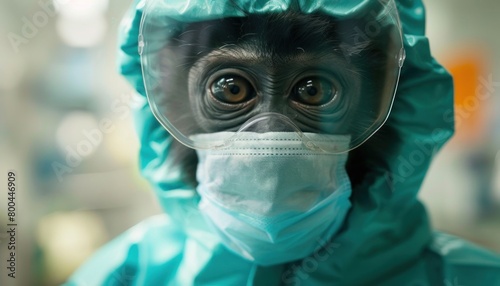 Closeup of a monkey in a mask and protective suit