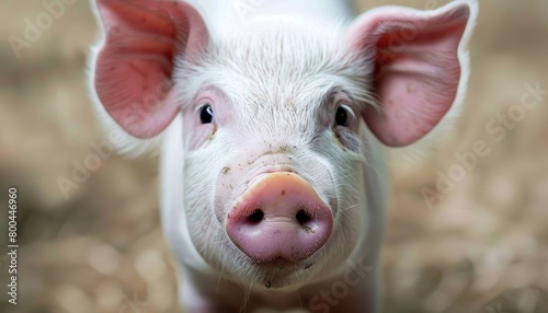 Close up of a domestic pig with pink ears in a grassy landscape