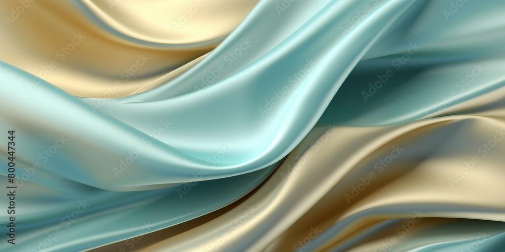 淡い青緑とメタリックな金色の布風の質感の曲線的な抽象横長背景
