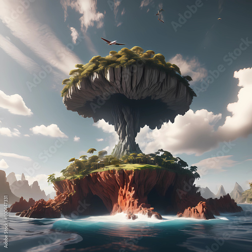 Extremely ultra-realistic photorealistic 3D, professional photography, natural lighting, volumetric lighting maximalist photo-illustration in 8K resolution, detailed, elegant an inverted flying island photo