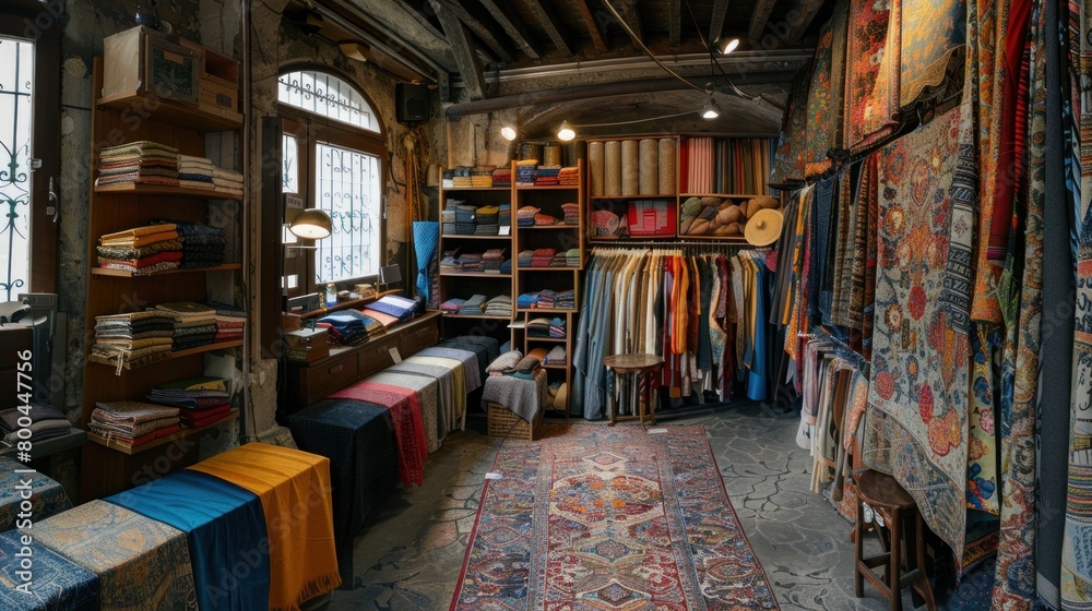 A building filled with clothes, rugs, and art fixtures