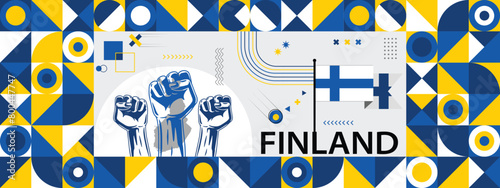Flag and map of Finland with raised fists. National day or Independence day design for Counrty celebration. Modern retro design with abstract icons. Vector illustration.