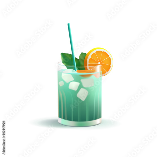 Cocktail with ice and orange, 3D. Realistic image of a summer refreshing drink in a glass. For concepts of relaxation and enjoyment. Vector