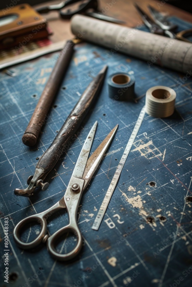 Metal scissors rest on blueprints, atop a wooden table