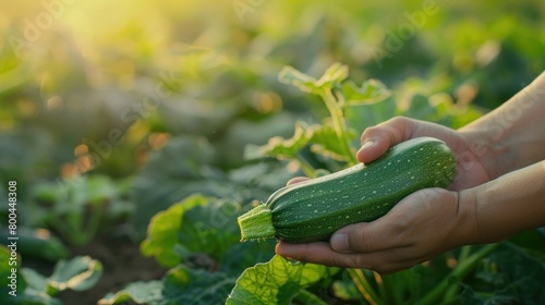 Person holding a zucchini plant in their hands in a garden