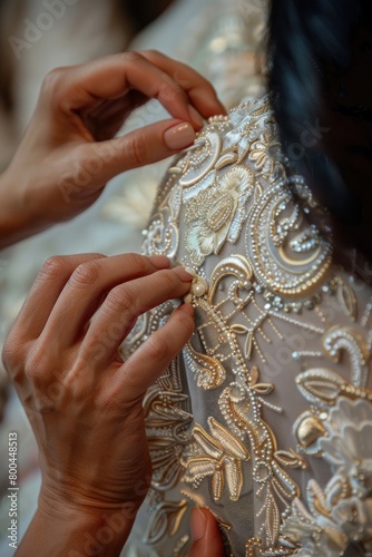 A woman is adjusting the neckline of a wedding dress with a finger gesture