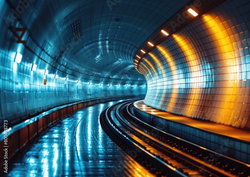 A well-lit tunnel with curving train tracks