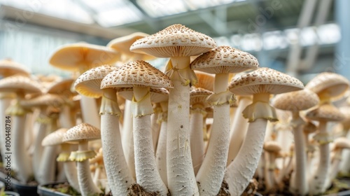 Closeup of mushrooms in a greenhouse, part of the natural landscape