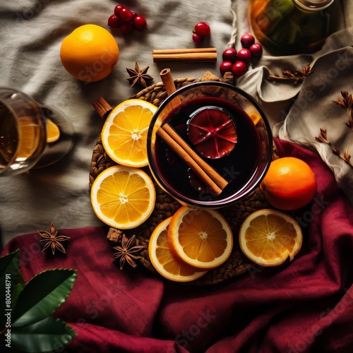 a glass of mulled wine, with orange slices, cranberries, anise, and cinnamon sticks