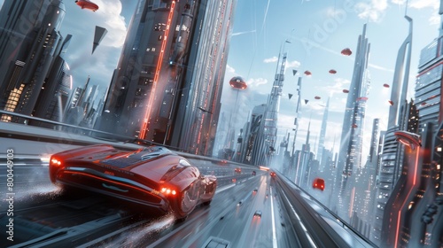 A futuristic cityscape with sleek skyscrapers and flying cars zooming by.