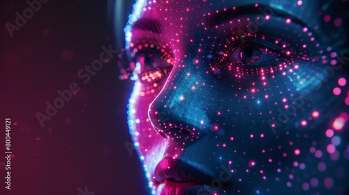 A beautiful woman s faceted portrait  with glowing blue and pink lights.