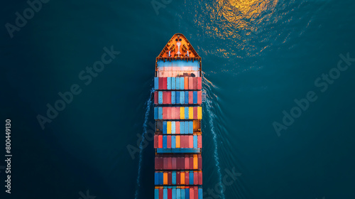 Aerial view of container ship loading and unloading in the sea. Logistic import and export freight transportation, Cargo freight ship