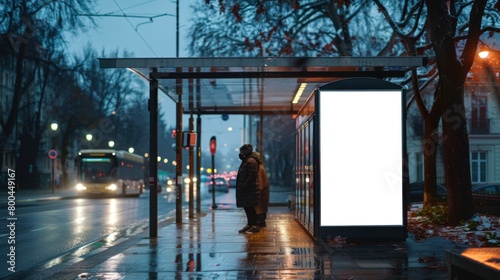 Person waiting at bus stop with billboard in front of building
