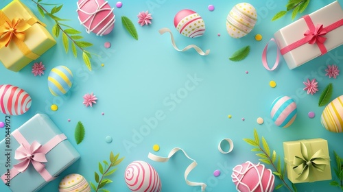 A blue background with a variety of brightly colored Easter eggs, some small wrapped presents, leaves, and flowers scattered around the edges.