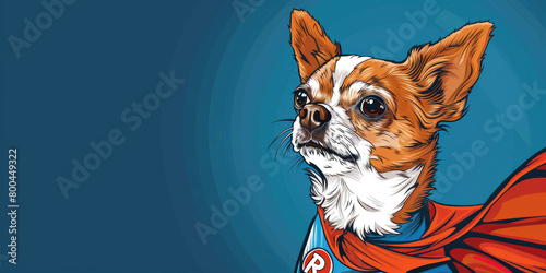 Drawing of a Chihuahua dressed in a superhero costume, with a cape blowing in the wind and a determined look in its eyes, blue background © Liliya Trott
