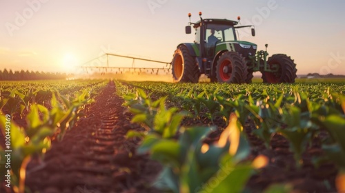 A green tractor spraying pesticides in a field of soybeans at sunset.