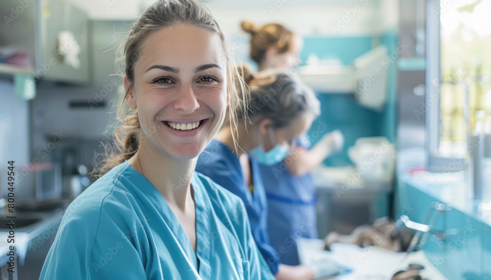 Fototapeta premium Happy female nurse smiling in veterinary clinic during fun event