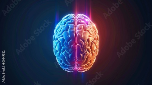 An illustration of a brain split in two colors, blue and red. photo