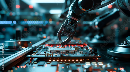 Artificial intelligence for industrial revolution and automation manufacturing. Robot arm inside electronics factory, Component installation on circuit board
 photo