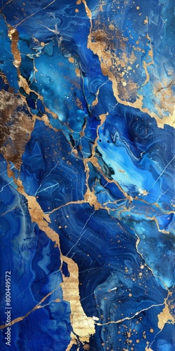 Blue and gold abstract painting with a marble-like texture. photo