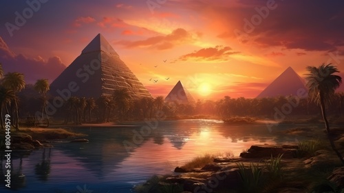 Landscape with ancient Egyptian pyramids  beautiful sky and sunset. The concept of ancient history. AI-generated.