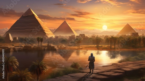 Landscape with ancient Egyptian pyramids, beautiful sky and sunset. The concept of ancient history. AI-generated. © Acronym