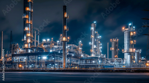 Aerial view of chemical oil refinery plant at night scene. Oil refinery plant of petrochemistry industry photo