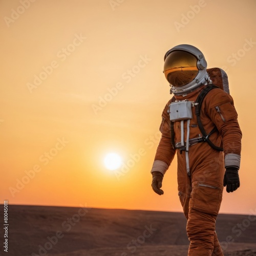 An astronaut in orange suit and a closed helmet walks along the grass to a meeting at sunset/dawn