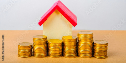 House and stack of coins with white background. Home savings concept. Energy saving. Cost of the house. Cost of living. Savings for home goal. Dreaming of home. AI generative. Investment property.
